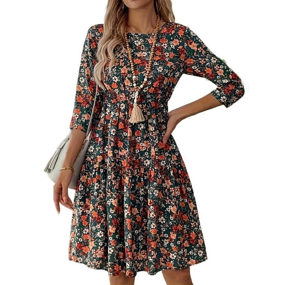 Women'S 3/4 Sleeve Round Neck Floral Print Midi Dress Summer Casual Dress Multicolor S