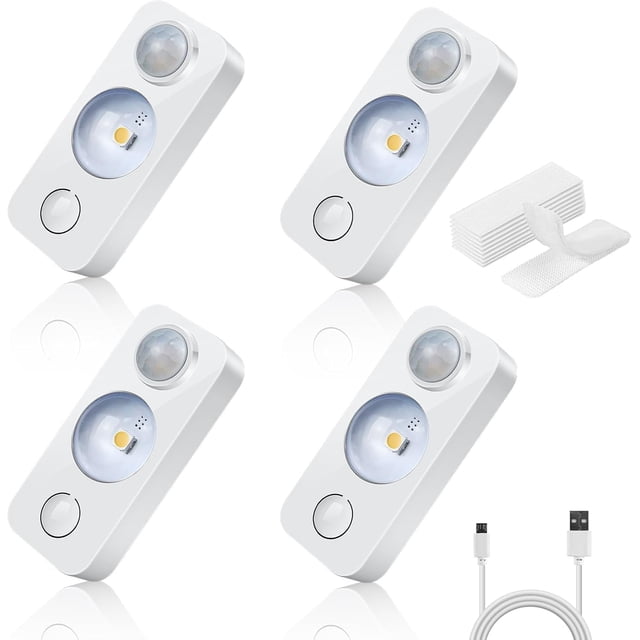 LED Motion Sensor Puck Lights, Rechargeable Cabinet Lights, Stick on Wireless LED Night Light for Closet, Drawer, Shelf, Under Cabinet, Warm White 4Pack, USB Charging Cord Included Warm White 4 Pack