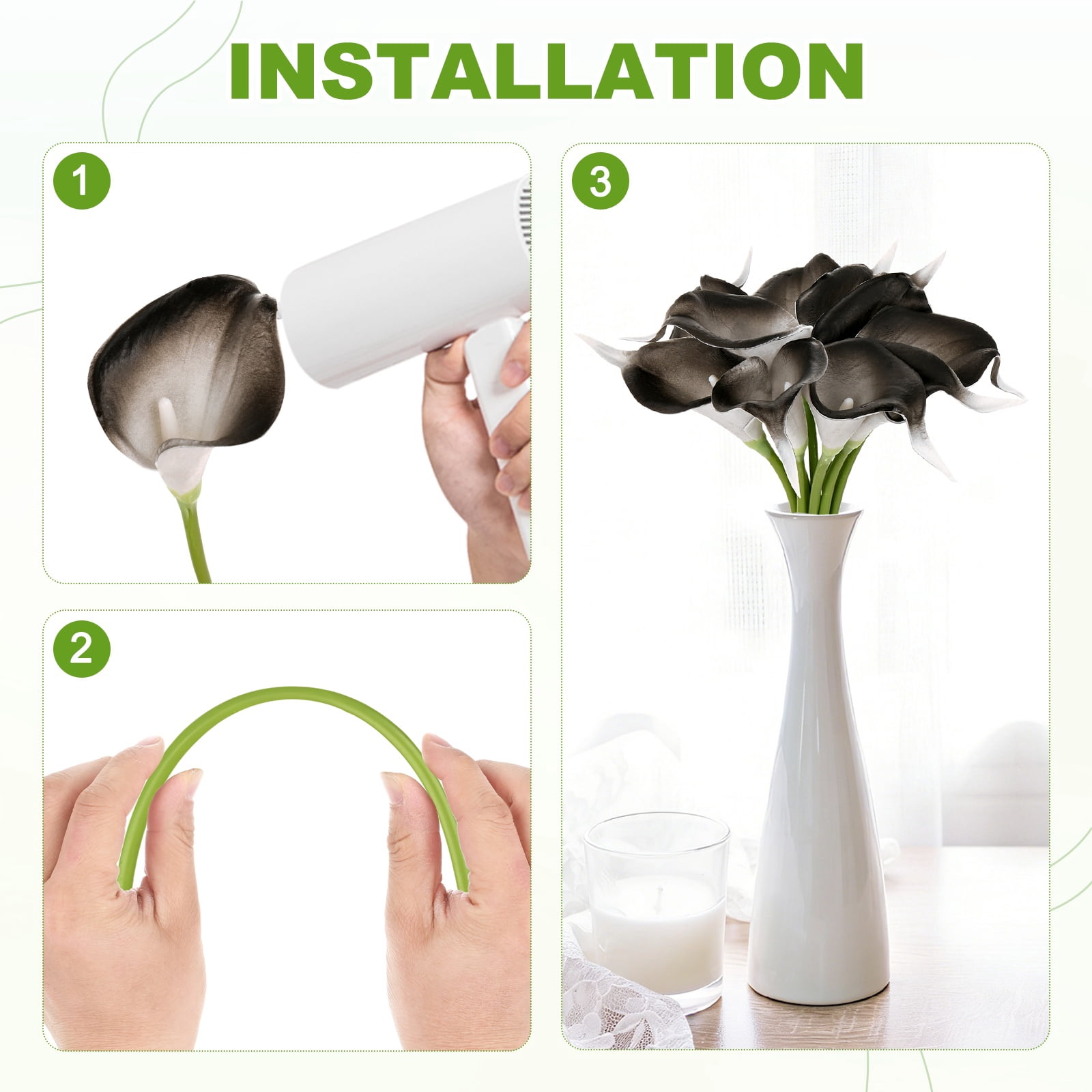 Uxcell 20-Pack Black Green Artificial Calla Lily Flowers,14 Inch Faux Calla Lily Flowers PU Bouquets Real Touch for Home/Wedding