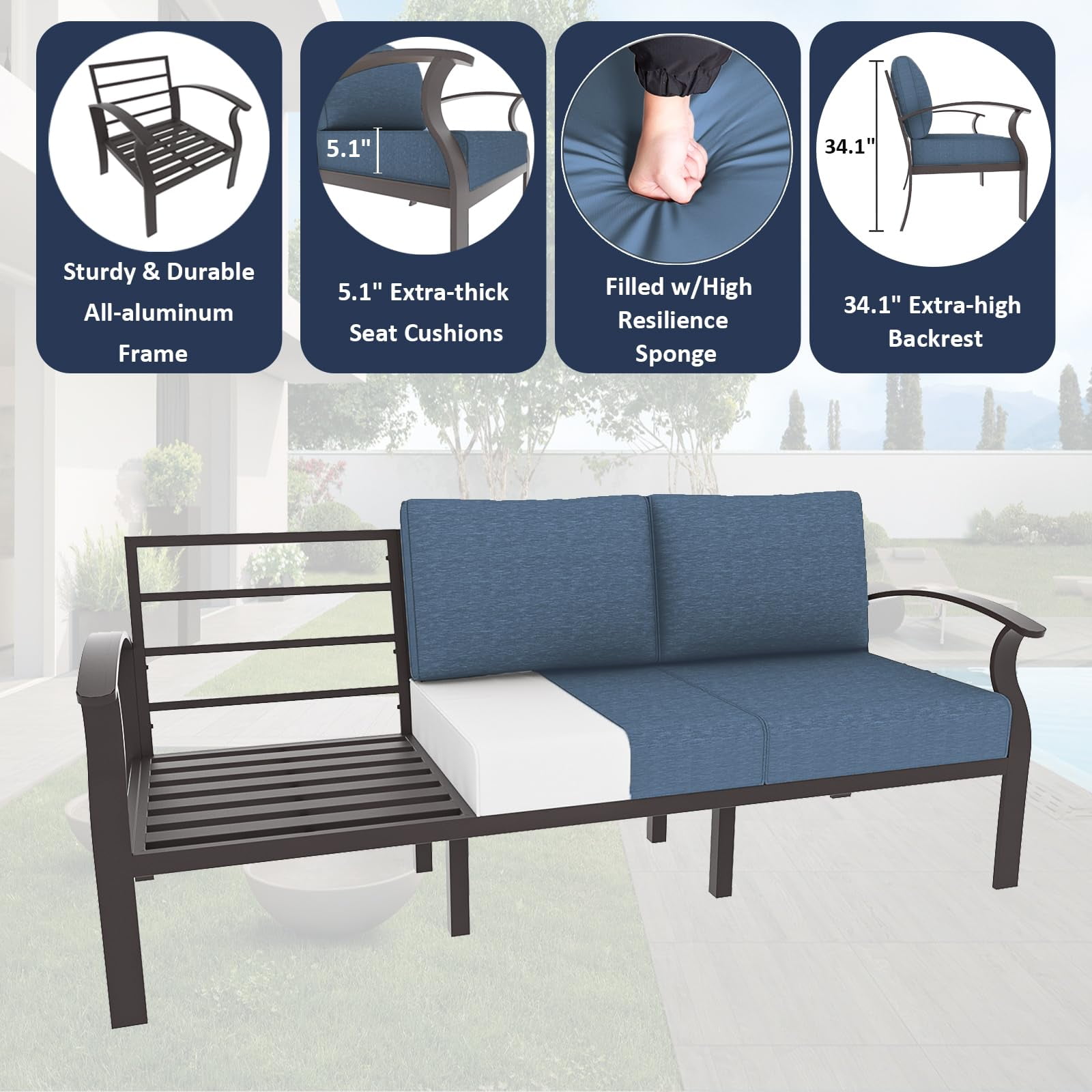 ALAULM Aluminum 3-Seat Patio Furniture Set, Outdoor Patio Conversation Set with 5.1" Cushions for Patio Backyard Poolside, Navy Blue