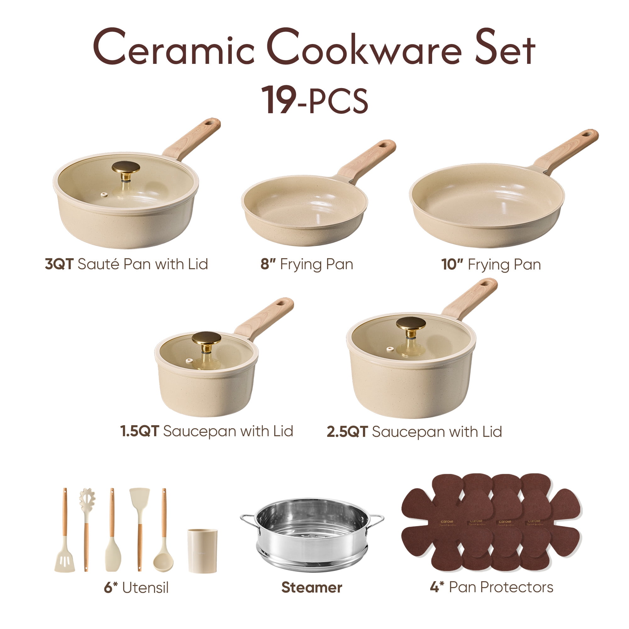 CAROTE 19-Piece Ceramic Pots and Pans Set, Nonstick Cookware Set with Lids, Induction Compatible, Oatmeal