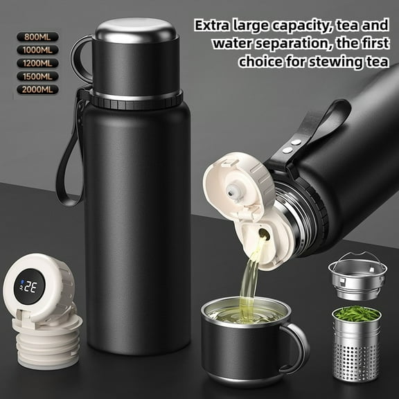BT 2L Thermos Insulated Water Bottle Hot Water Bottle Vacuum Flask Smart coffee drinkware cup Stainless Steel Double Wall Kettles,black-1000ML
