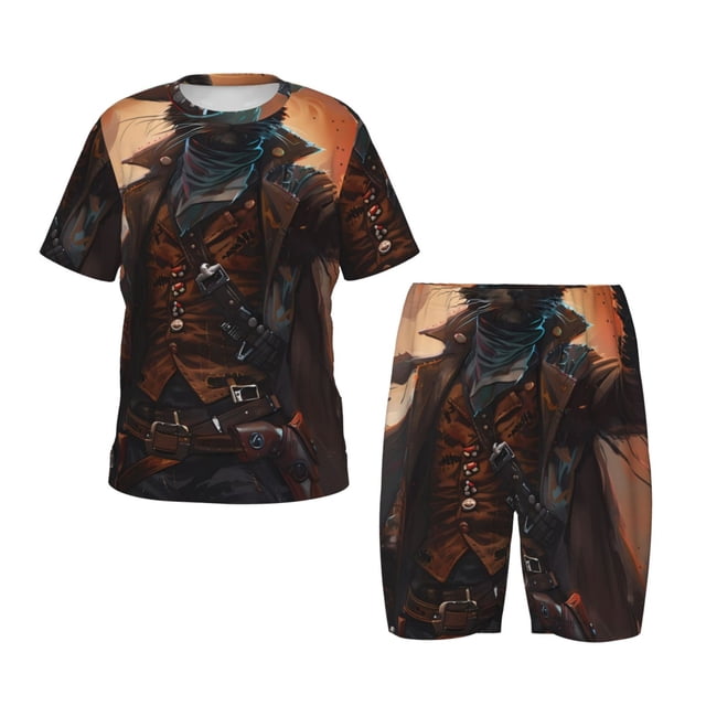 Fotbe Steampunk Cowboy Cat Pijama Estampada de 2 Piezas para Niños – Ropa de Dormir de Manga Corta Cómoda para Niños y Niñas, Camiseta y Shorts de Algodón-XX-Large
