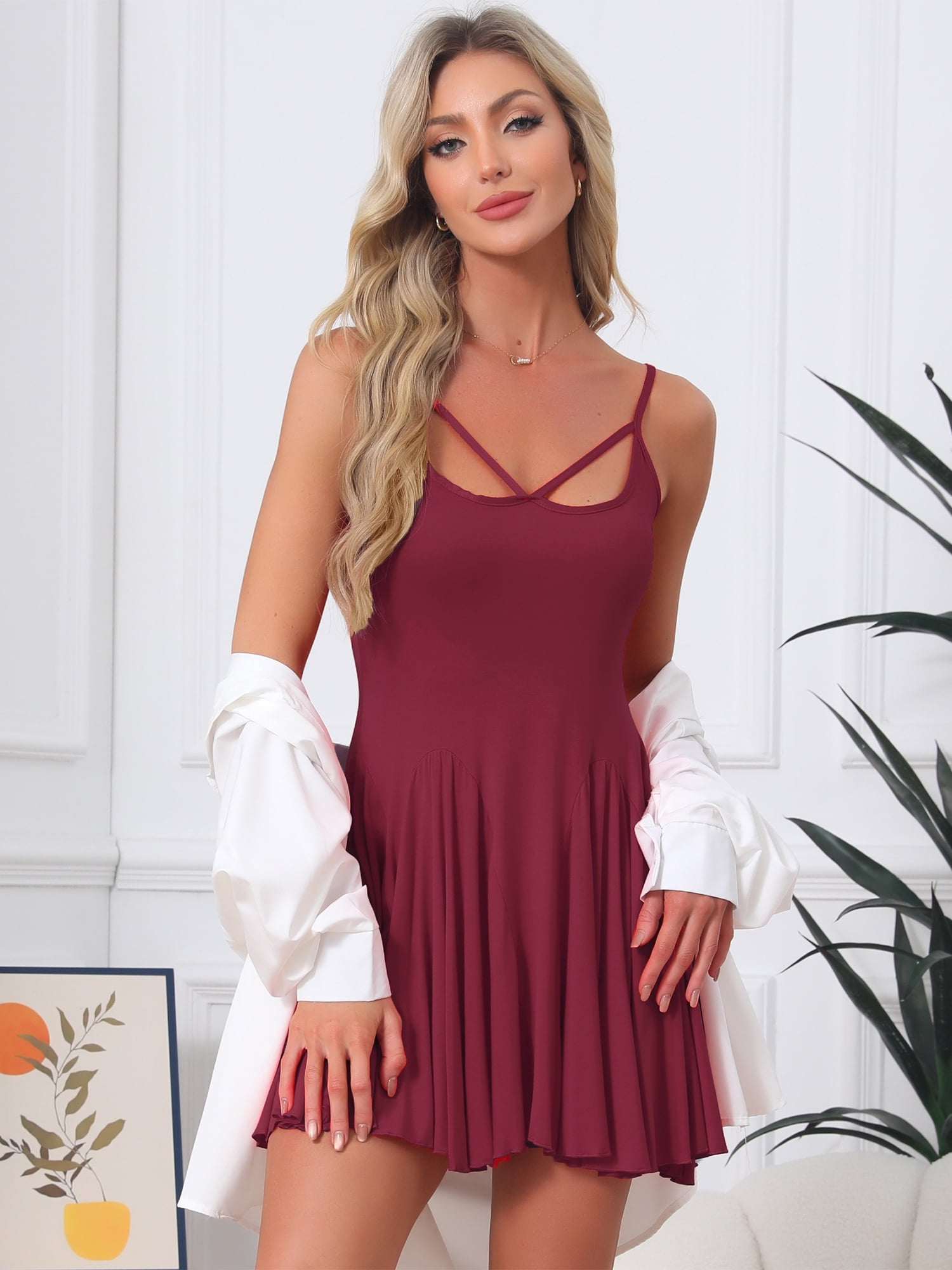 DARING DIVA Women's Nightgown Ruffle Spaghetti Strap Babydoll Chemise Dress M Wine Red