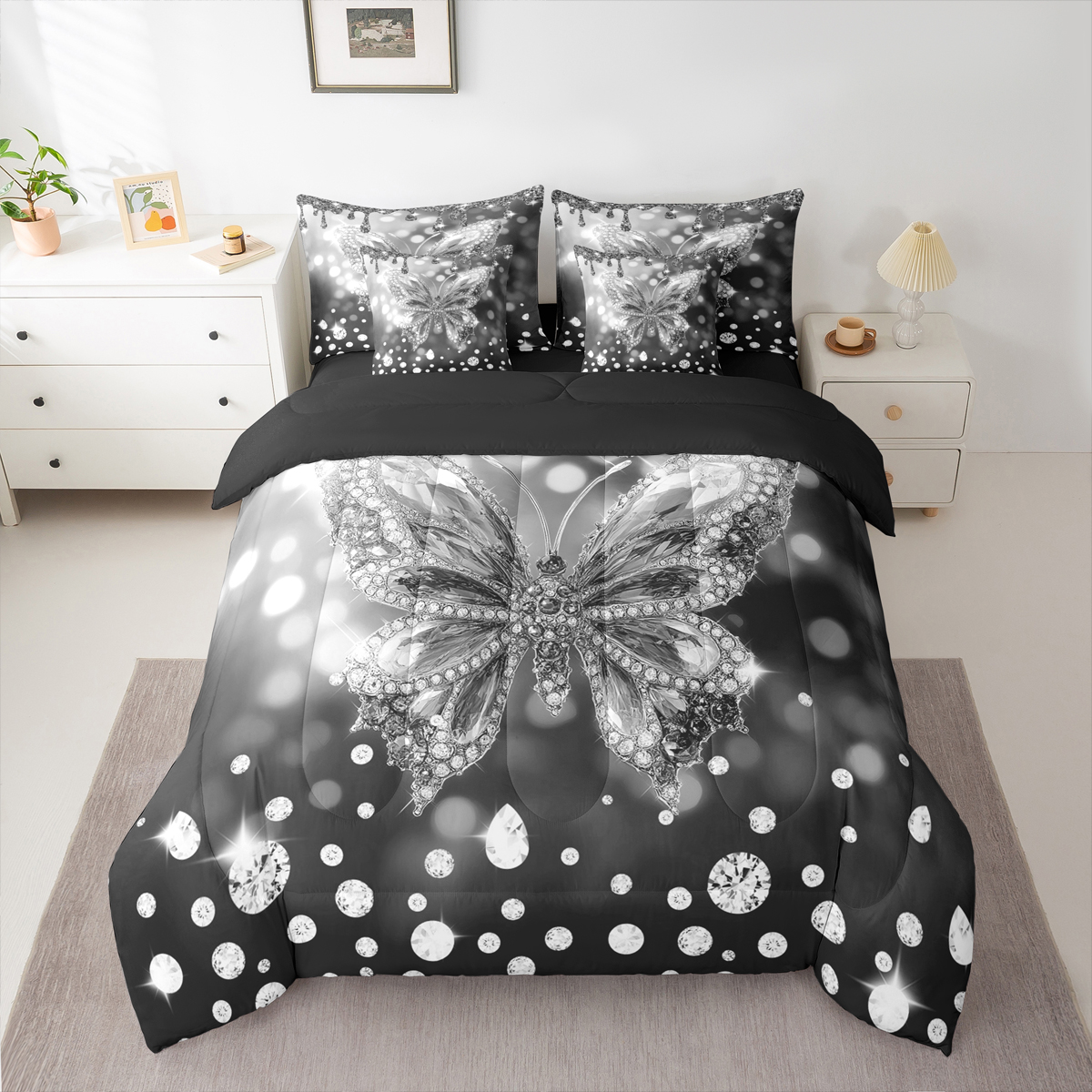 jejeloiu Cute Butterflies 7 Pieces Bedding Comforter Set,Chic Moth Full Bedding Set,Sliver Gray Diamond Fitted Sheet Flat Sheet For Girls,Ultra Soft Home Decor Reversible