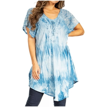 Sakkas Donna Women s Casual Lace Short Sleeve Tie Dye Corset Loose Top Blouse - 19214-Teal - Plus Size