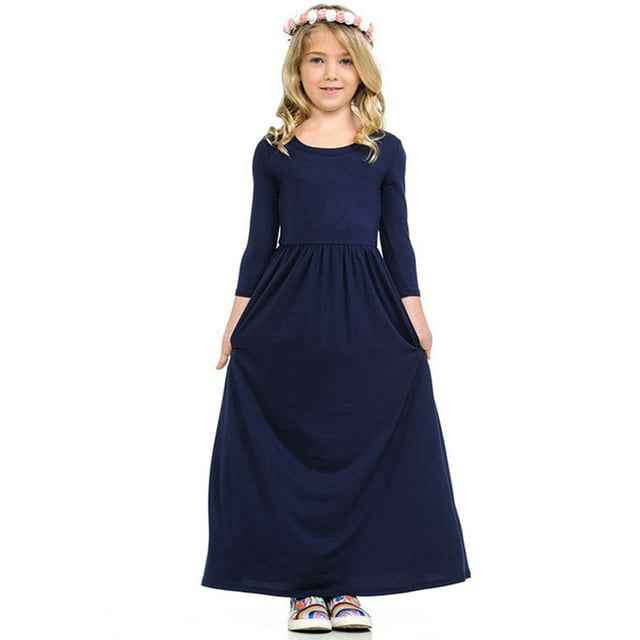 Robe Longue Décontractée à Fleurs pour Filles à Manches Longues avec Poches, Robes de Vacances, Robe Longue à Manches Longues pour Filles Longueur au Sol