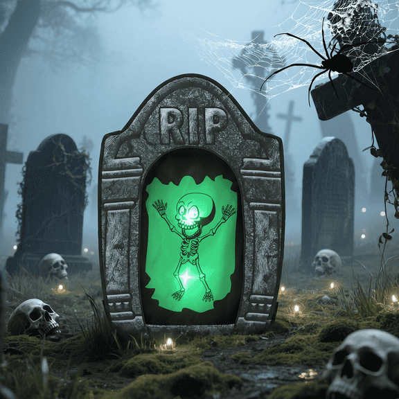 Toiyjofe 41 inch Halloween Tombstone with Skeleton, Battery Powered Halloween Large Tombstone, Foldable Polyester Outdoor Backyard Decor with LED Lights