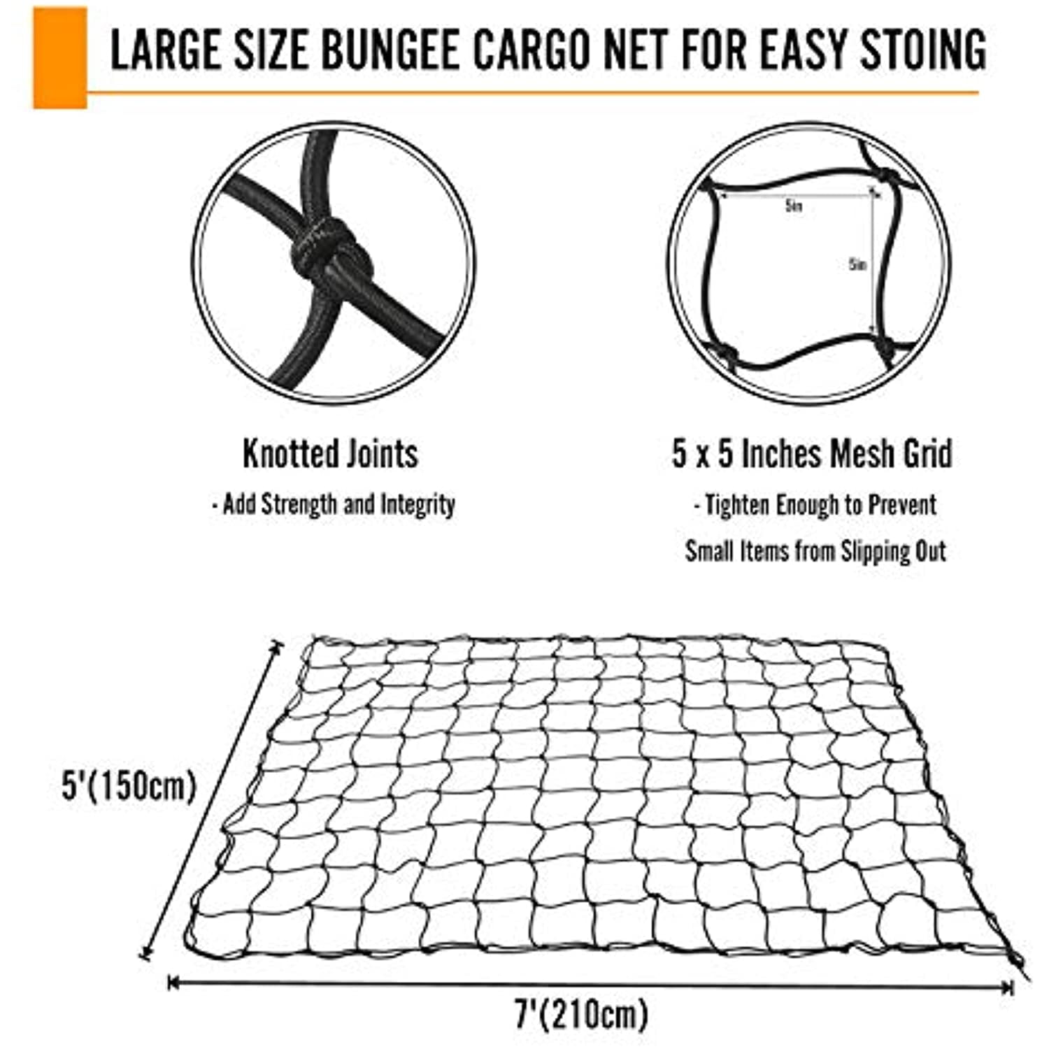 SUPAREE Bungee Cargo Net 5x7 Cargo Net Heavy Duty Truck Bed Nets Stretches to 10x14 Suv Cargo Net For Rooftop Cargo Carrier with 16pcs D Clip Carabiners for Pickup Truck SUV Trailer Boat RV 