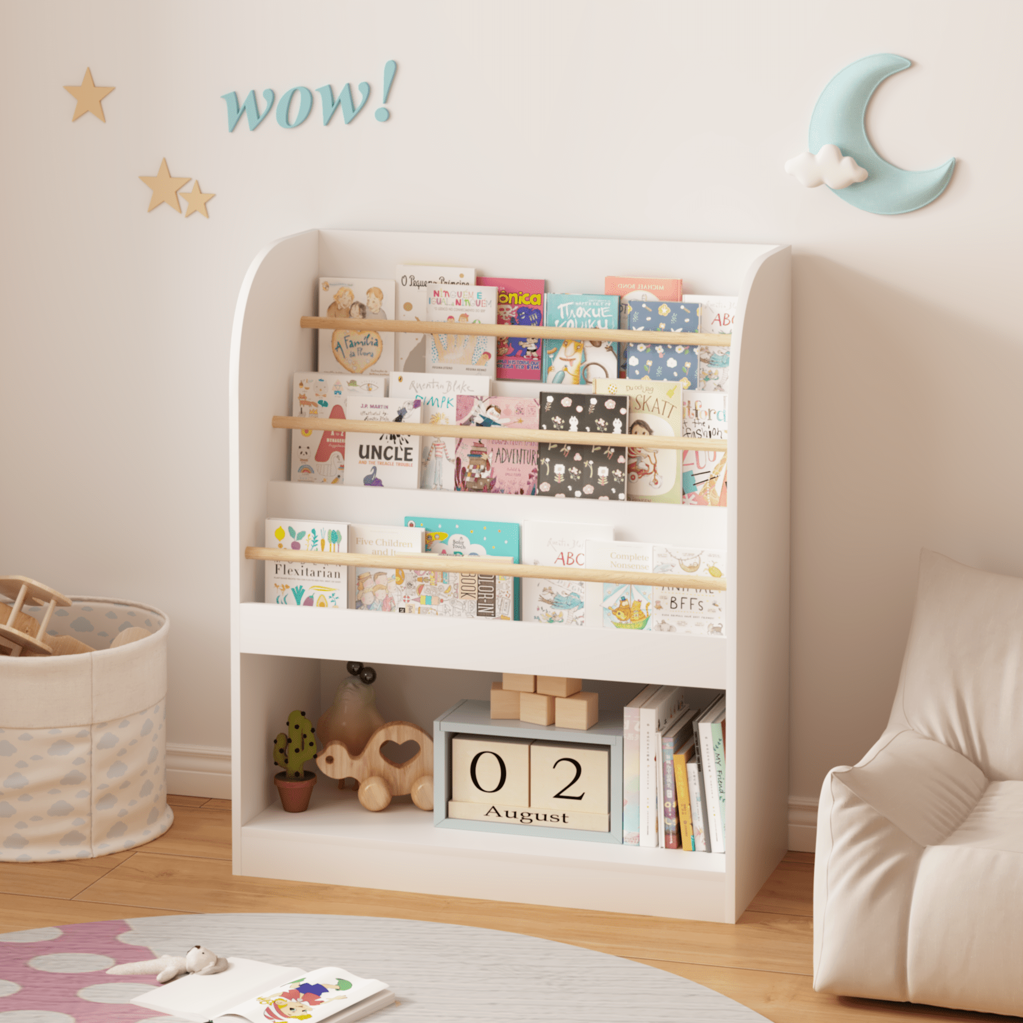 Kids Bookshelf with Open Storage, Front-Facing Children's Bookcase, Multi-Tier Wooden Book Display Shelf for Toddlers, Playroom, Bedroom, or Nursery