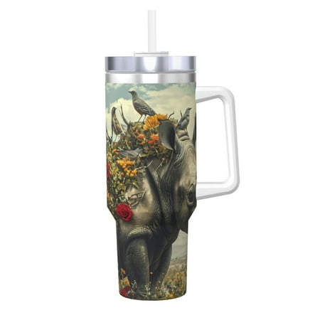 

Uemuo Floral Rhino With Birds Print 40oz Ice Bully With Handle And Straw Stainless Steel Vacuum Insulated Cup And 2 In 1 Straw Lid Insulated Travel Tumbler
