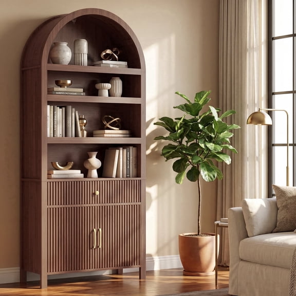 71" Tall Mid-Century Modern Arched Bookcase with 6 Tiers, Fluted Doors, Drawer and Adjustable Shelves, Walnut
