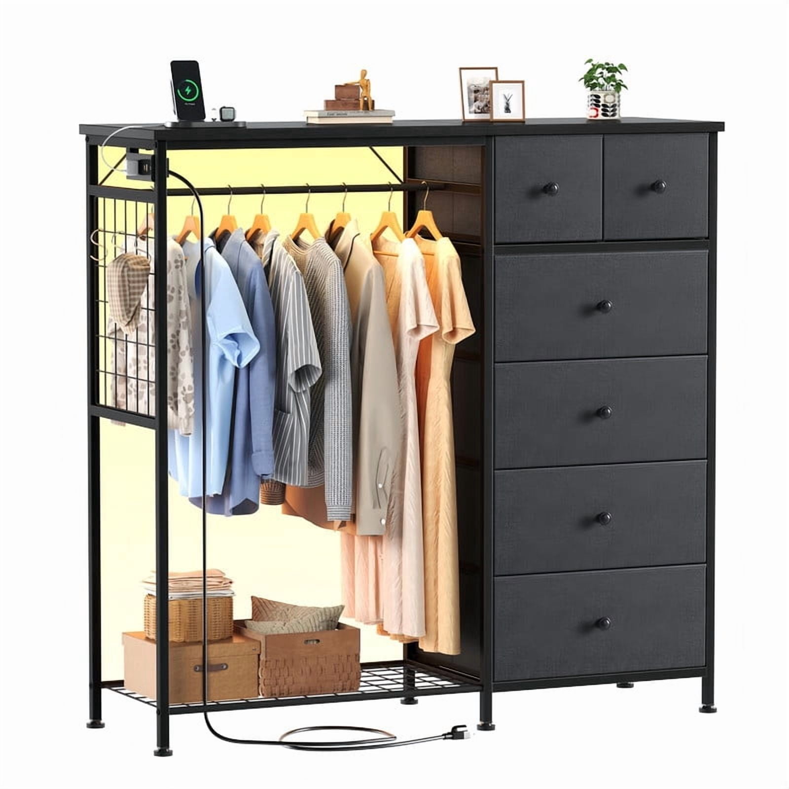 Kelno 6 Drawer Dresser with Hanging Rack LED Lights Charging Station Fabric Closet Organizer Storage Tower, Gray
