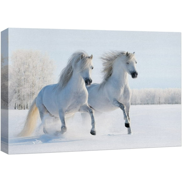 wall26 Impression sur Toile Art Mural Duo d'Étalons Blancs dans la Forêt Enneigée Animaux Sauvages Photographie Réalisme Rustique Paysage Chic Coloré pour Salon, Chambre, Bureau - 16"x24 Pouces