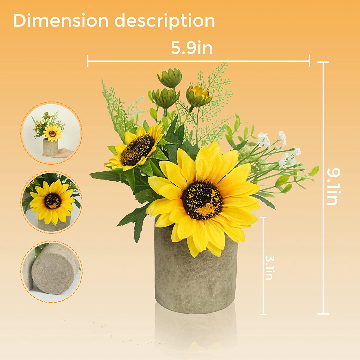 Sunflower Decor Artificial Potted Plants Yellow Fake Flower in Pots, Artificial Sunflower for Bathroom Home Kitchen Rustic Table Centerpiece Shelf Decor