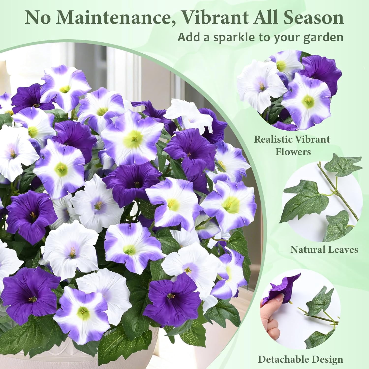 MARTINE MALL Artificial Flowers for Outdoors, 4 Bundles Realistic Fake Outdoor Flowers, UV Resistant Silk Petunia Flower for Outside Look Real Faux Flower Plants for Outdoor Porch Decor, Purple White