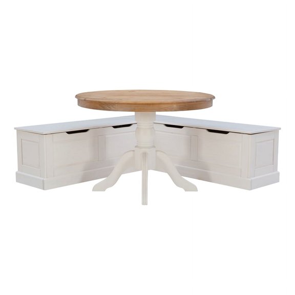 Linon Troyin Backless White Storage Nook and Round Table in White/Natural Wood