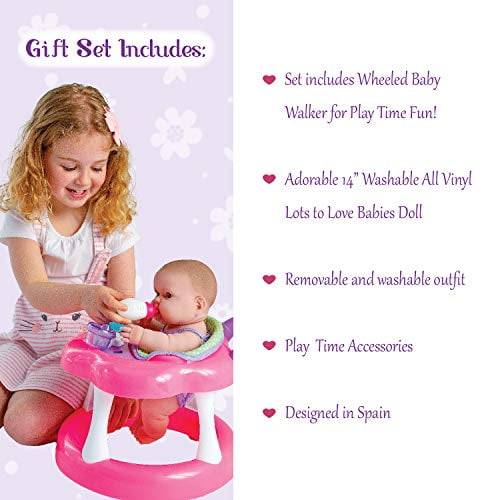 JC Toys Lots to Love Babies 14"" Doll and Walker | Wheeled Walker Gift Set and Accessories | Posable & Waterproof | Ages 2+" (16198)