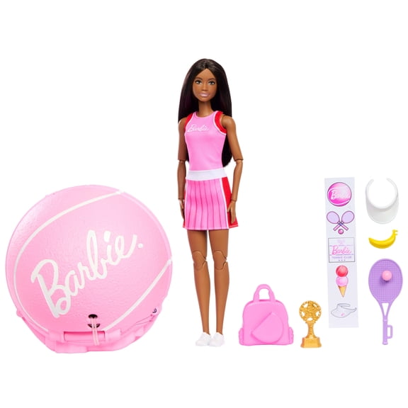 Barbie Team Barbie Roll and Reveal Tennis Player Doll and Accessories with Brunette Fashion Doll, 8 Surprises & Tennis Ball Encasement