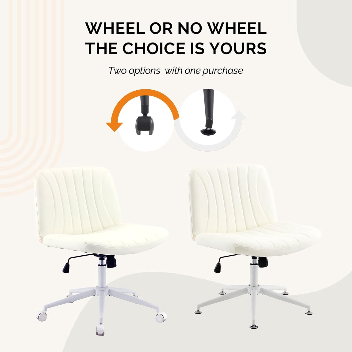 JOYMOR Modern Vanity Chair Dual-Use with/no Wheels, Armless Criss Cross Legged Chair, Swivel Wide Comfy Office Desk Chair, Computer Chair