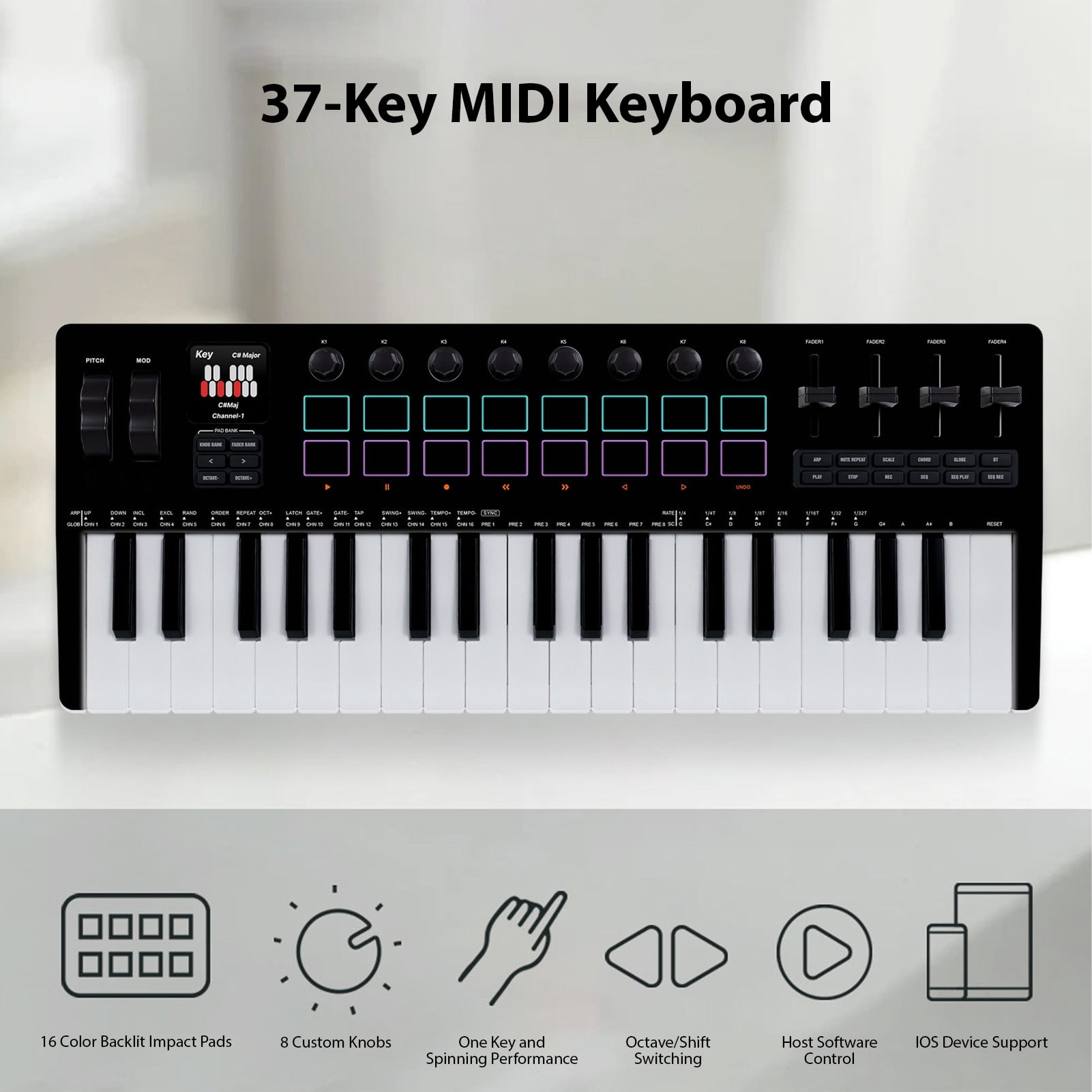 Backlit drum pad Keyboard M- 37 Key MIDI Keyboard Controller with 16 RGB Pads 8 Knobs 4 Faders Synthesizer Engine BT Wireless for Music Production PC