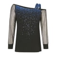 thumbnail image 4 of felwors Women Black Long Shirts Sequin Mesh Tops Print Casual Splice Off Shoulder Cold Loose Sleeve T-Shirt Shiny Blouse Blue, XXL, 4 of 5