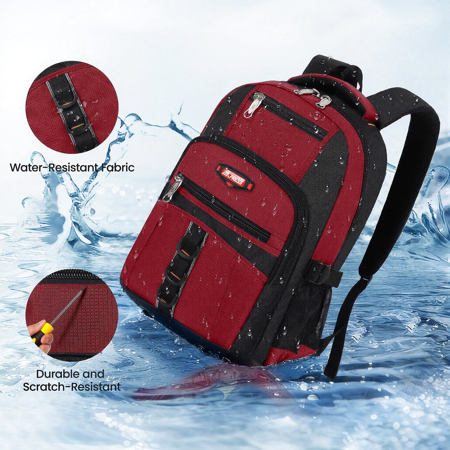 Travel Backpack for Men Women Water-resistant Multi-Pocket Bag Lighweight Casual Work Hiking Daypack School Bookbag, Red, BP8017