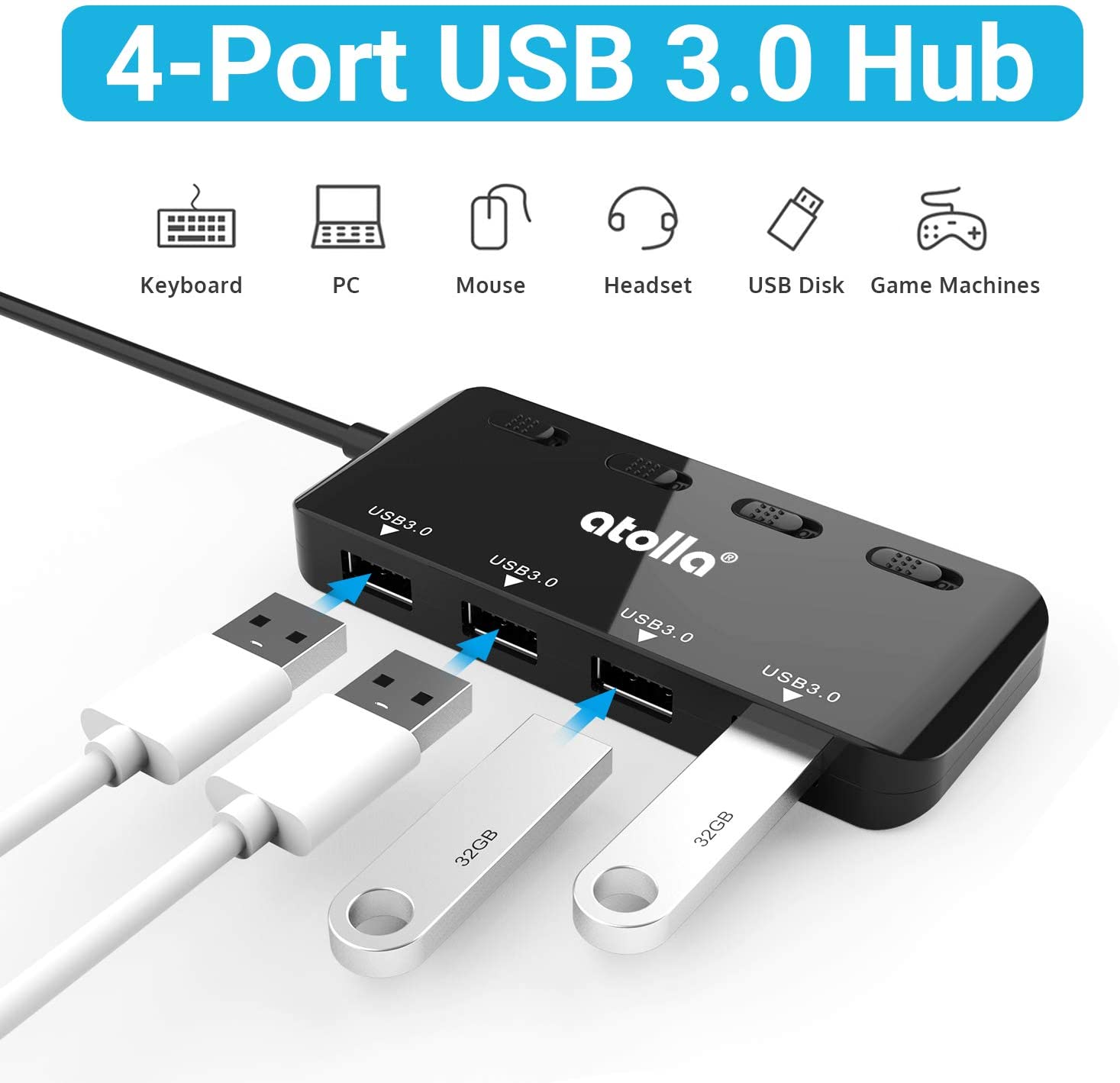usb 3.0 hub splitter - usb extender 4 port usb ultra slim data hub with individual power switch and led - image 2 of 7