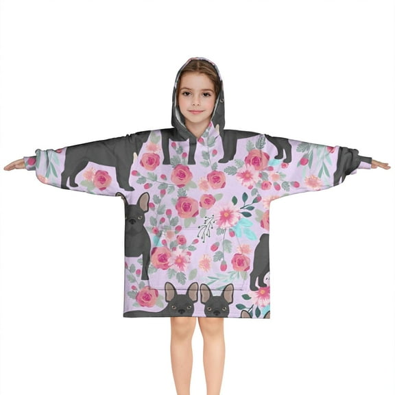 French Bulldog and Flower Blanket Hoodies for Kids 6-13YR Oversize Wearable Blanket Hoodies for Boys Girls Teens