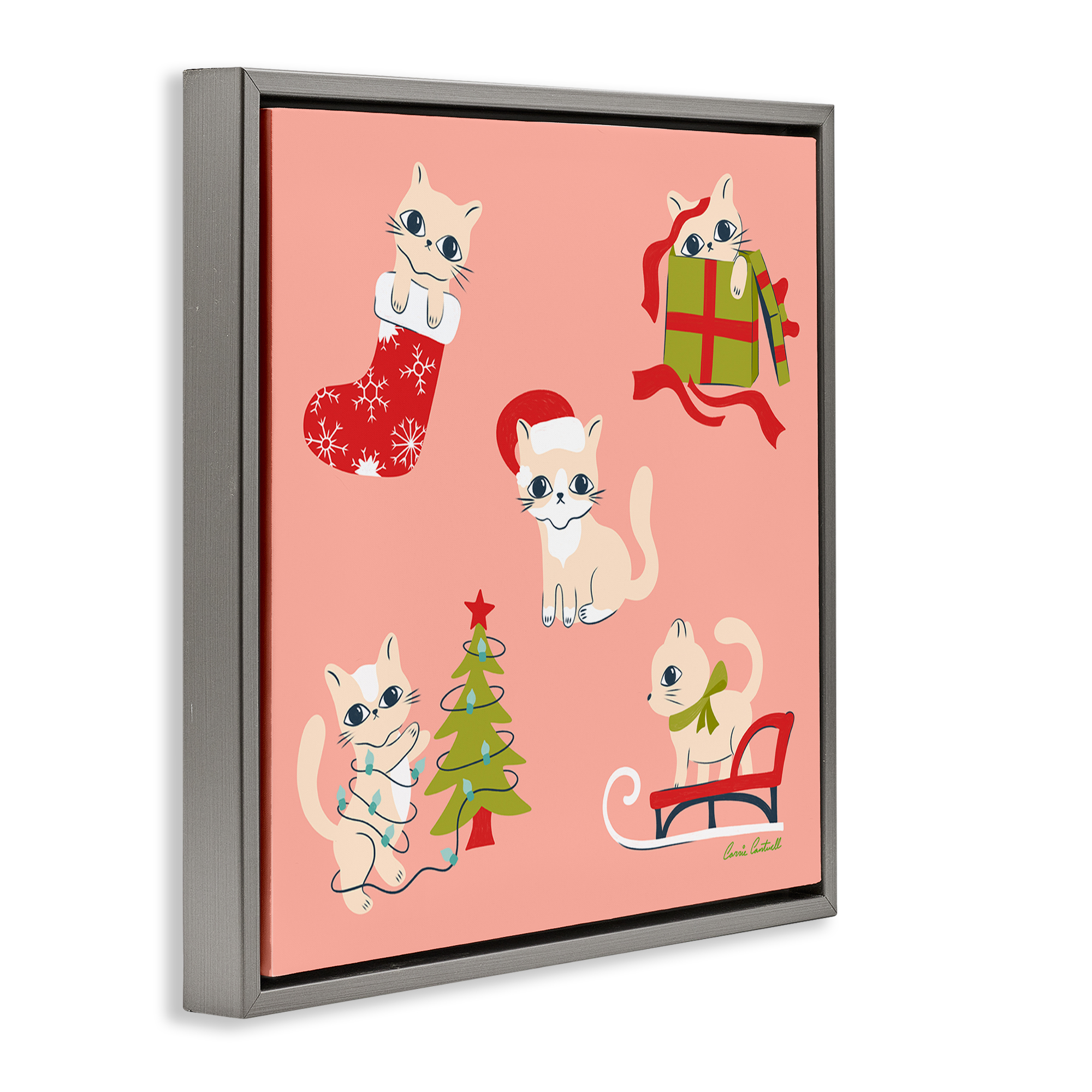 Stupell Industries Festive Cats Cute Holidays Holiday Painting Gray Floater Framed Canvas Art Prints Wall Art, 18 x 18
