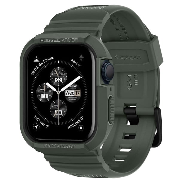 Funda de reloj con correa para Apple Watch Spigen Rugged Armor Pro de 45 mm/44 mm, color verde militar