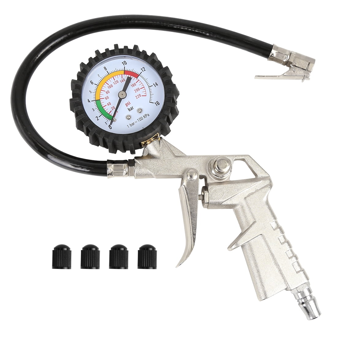 Car Tire Inflator Air Pressure Gauge 220 PSI with Lock On Chuck Rubber