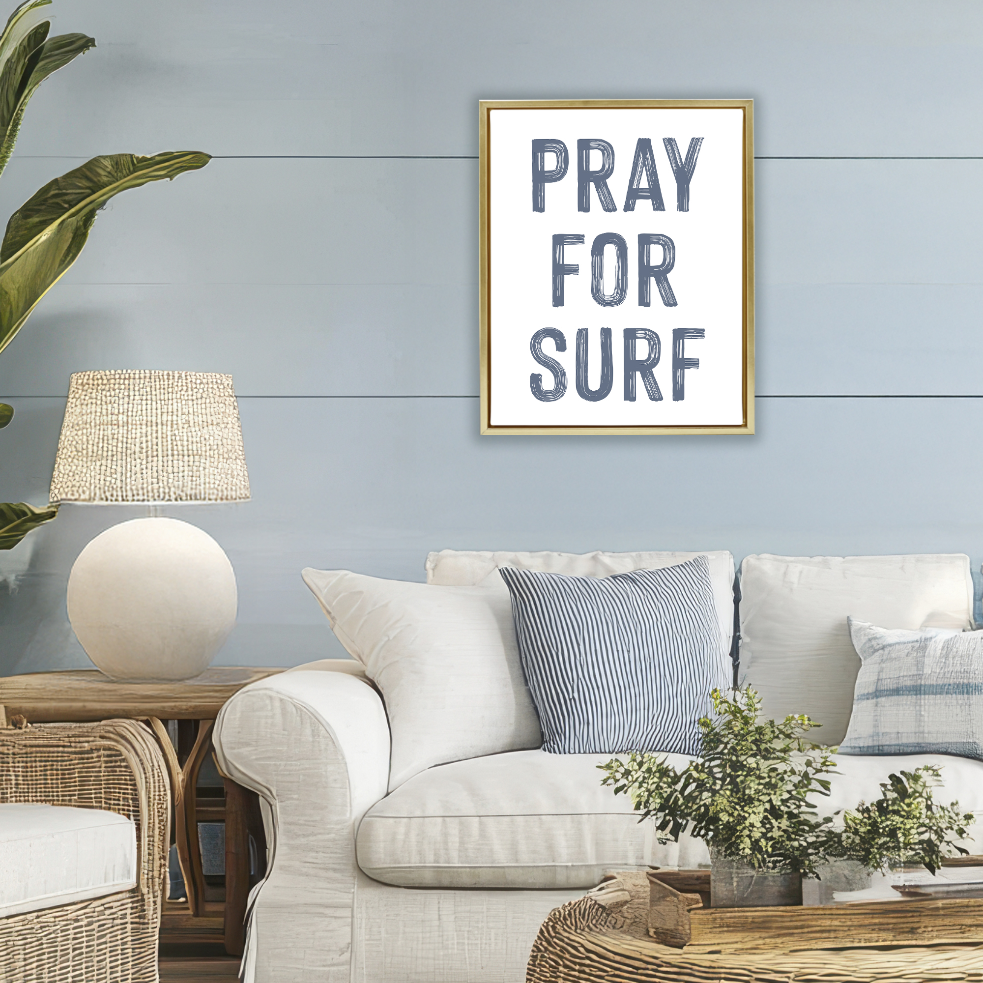 Summer Sentiment Pray For Surf Gold Framed Floater Canvas Wall Art, design by Lettered and Lined