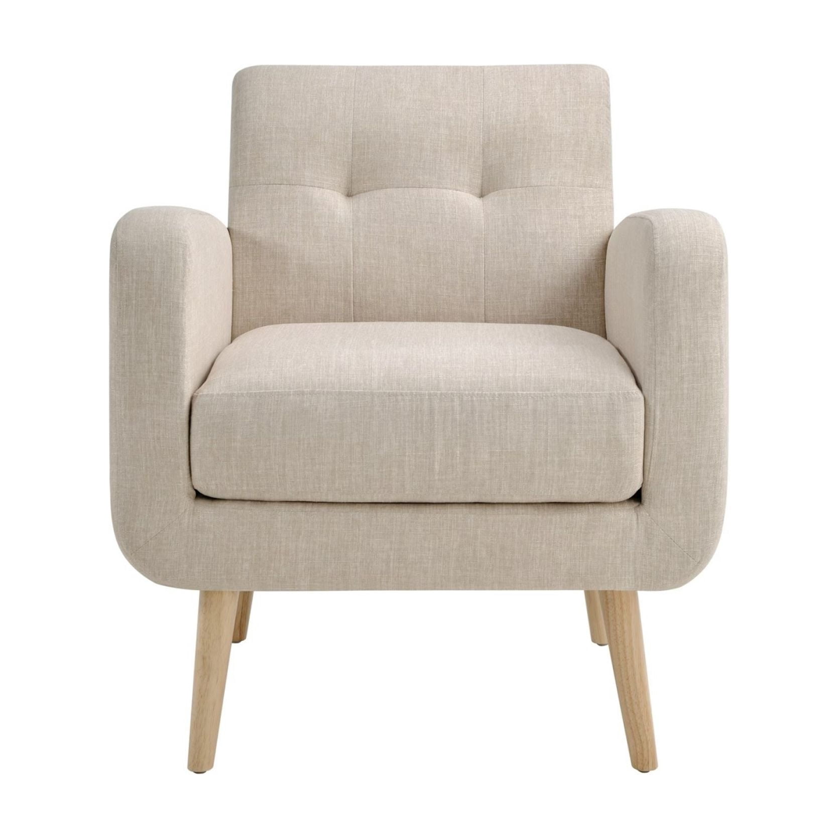 Mid-Century Modern Accent Armchair, Upholstered Fabric Living Room Chair with Deep Seat, Padded Arms & Rubber Wood Legs, Beige