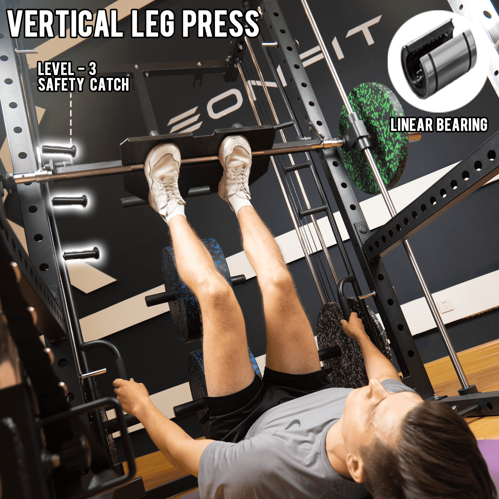 Eonfit E5 Smith Machine with Vertical Leg Press, Power Cage Squat Rack with LAT-Pull Down Cable Crossover Rotating Arms System Home Gym Equipment All in One (E5 BLK)