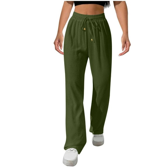 Women's Linen Pants Summer Solid Color High Waisted Palazzo Pants Flowy Wide Leg Beach Pants with Pockets Army Green L