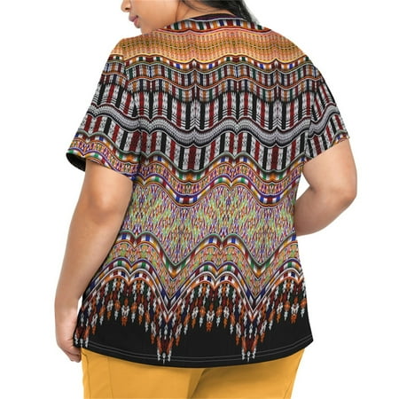 

Sksloeg Womens Scrubs Tops Plus Size Azik Ethnic Printed Top Short Sleeve V-Neck Shirts Tee Tops with Pockets Nursing Working Uniform Yellow XXXL