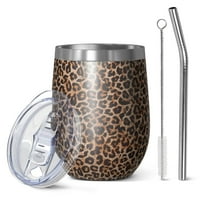 12oz Stemless Wine Tumblers Brown and Black Leopard Print Vacuum Insulated Stainless Steel Travel Tumbler Cups Mug with Lid and Straw for Champaign,Cocktail,Beer with Cleaning Brush