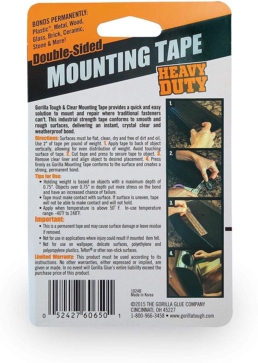 Gorilla Heavy Duty Double Sided Mounting Tape, 1" x 60", Black, Pack of 7 — Residential Use, Standard Application