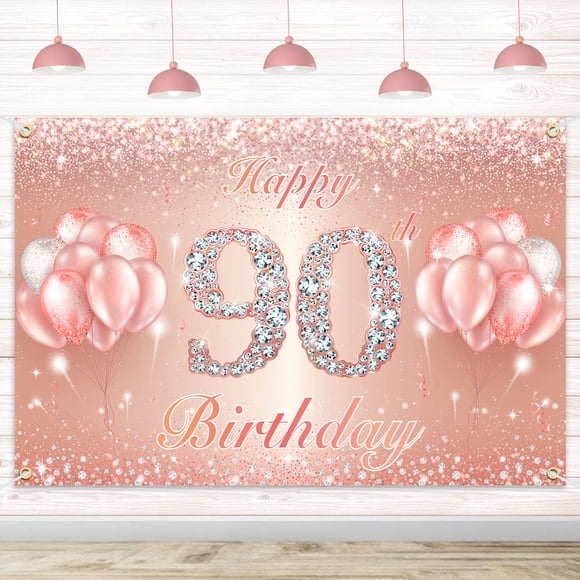 Fondo De Pancarta De Feliz Cumpleaños Número 90, Suministros De Decoración Para Fiesta De 90 Cumpleaños Para Mujeres O Hombres, Oro Rosa, 4 X 6 Pies