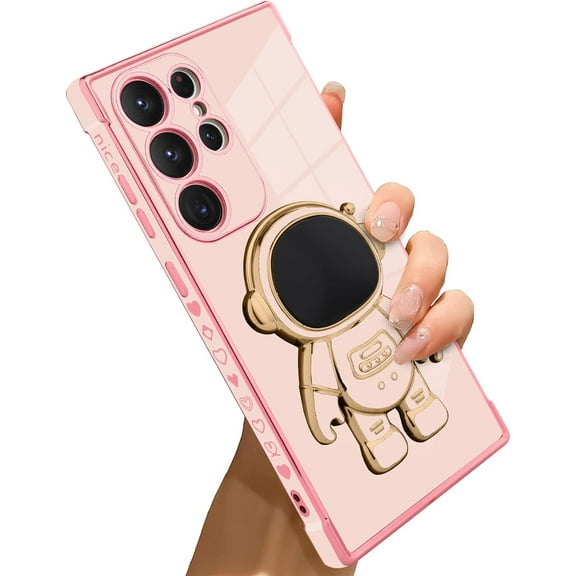 for Samsung Galaxy S23 Ultra 5G Case Astronaut Plating Electroplate Luxury Elegant Case Camera Protector Kickstand Shockproof Protective Corner Back Cover Galaxy S23 Ultra 5G Case -Pink