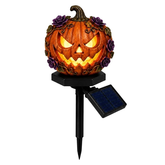Solar Halloween Pumpkin Resin Stake Light Waterproof Warm LED Jack-o'-Lantern Yard Walkway Patio Garden Decor Lamp