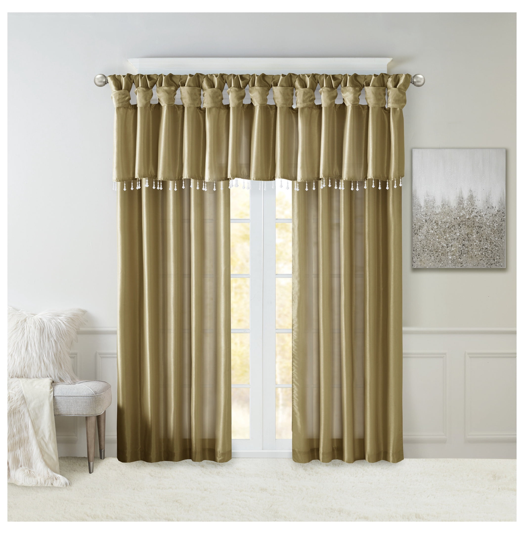 Lightweight Faux Silk Valance With Beads Bronze 50x26"