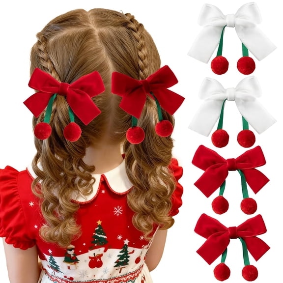 4 PCS Velvet Cherry Hair Bows for Girls, Bow Hair Clips, Red White Hair Ribbon with Alligator Hair Clips, Cute Girls Hair Accessories for Toddlers Kids Teens