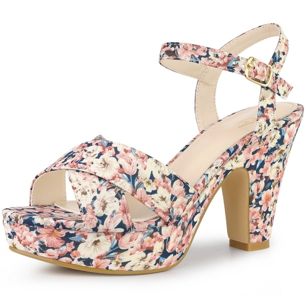 Sandalias de tacón grueso Con tira trasera y tacón de plataforma floral para mujer Perphy Rosado 38