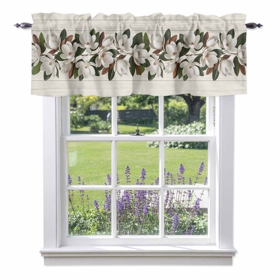 Retro Magnolia Valances for Windows, Flower Leaf Classic Beige Wood Grain Texture Valance Window Treatment Rod Pocket Short Curtains Valances for Kitchen Bathroom 54"W x 18"L