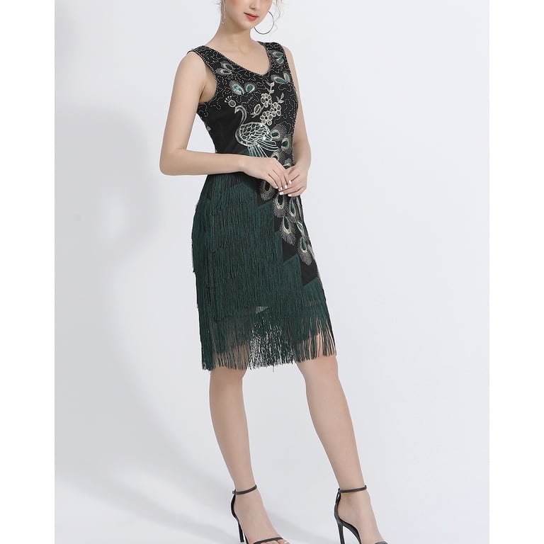 beaded fringe tank dress Roaring 20'S 1920S Flapper Vintage Sequined Sleeveless this shimmering bridal after dark-green Scala 61331 Beaded Prom Size:Big Kids Size 6