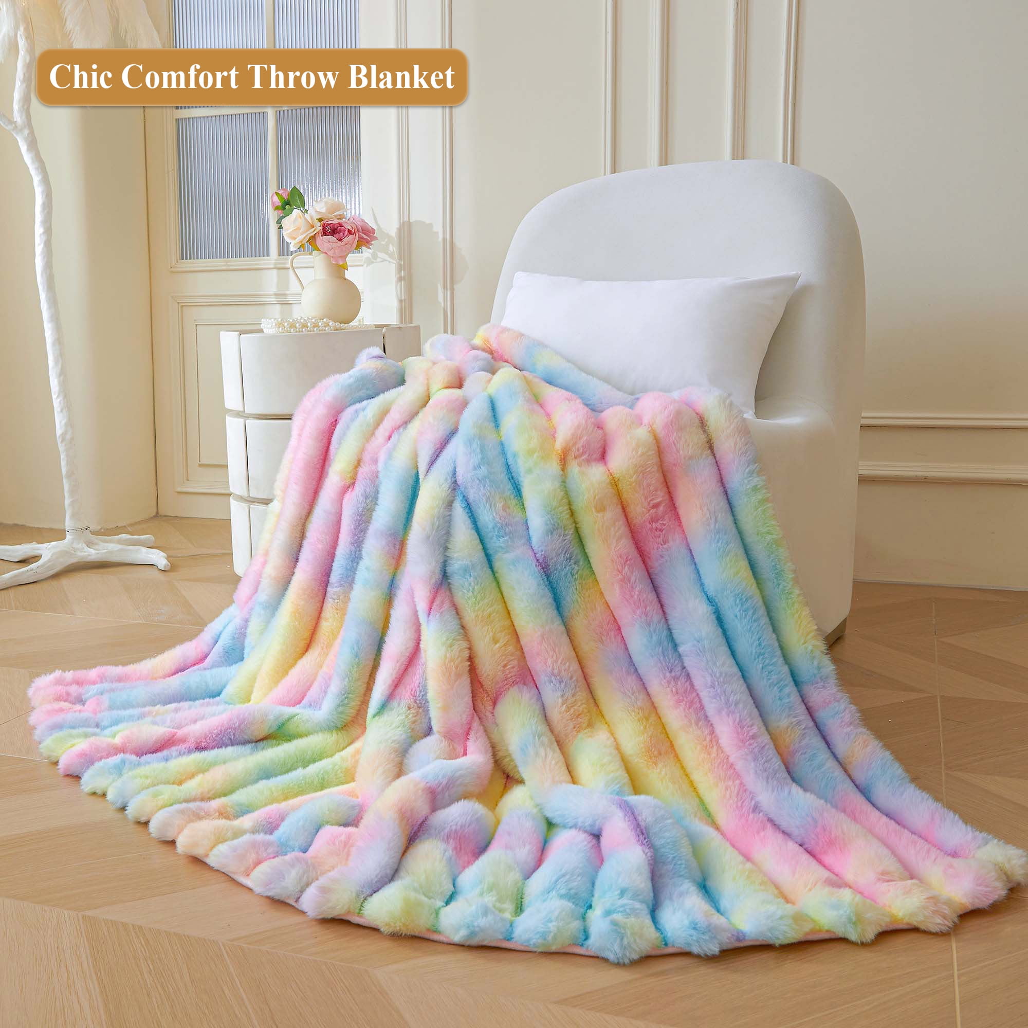 XeGe Fluffy Faux Rabbit Fur Throw, Cozy Ribbed Stripe Plush Fuzzy Blanket for Bed Couch Sofa Chair, Cute Tie Dye Shaggy Throw Bedroom Living Room, Furry Blanket for Kids Girls Teens, 50x60, Rainbow