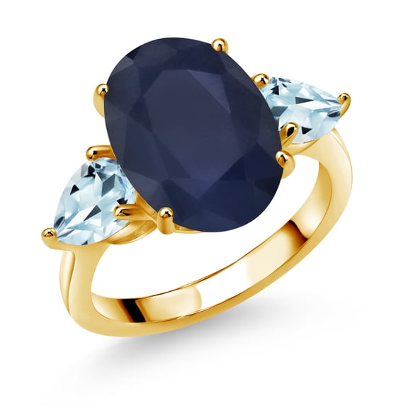 Gem Stone King 18K Yellow Gold Plated Silver Blue Sapphire and Sky Blue Aquamarine Ring for Women (7.87 Cttw, 14X10MM Oval and 7X5MM Pear Shape, Gemstone September Birthstone, Size 8)