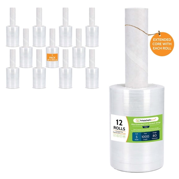 PSBM Mini Stretch Wrap with Extended Handle 5"x1000' 12 Rolls 80 Gauge Clear Shrink Film/Wrap, Heavy Duty Industrial Strength Up to 800% Ultimate S Wrap for Moving, Packing, Shipping